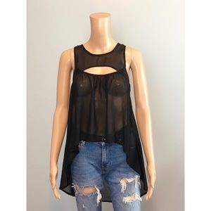 Kiwi Tucker black sheer high low cut out blouse
